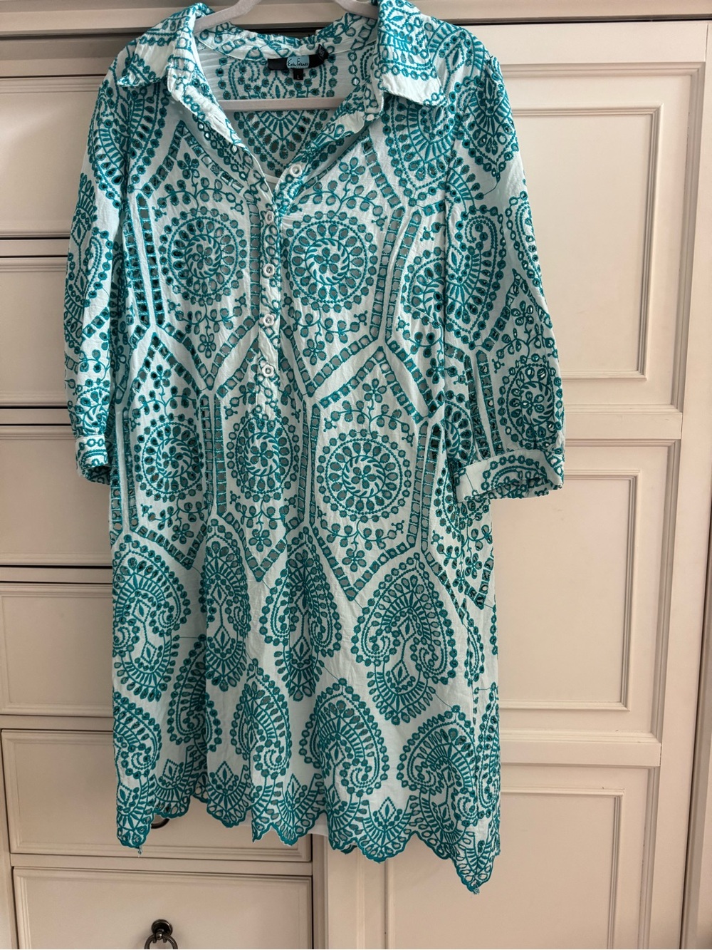 Eva Franco from Anthropologie Teal & White Eyelet Printed Tunic Dress